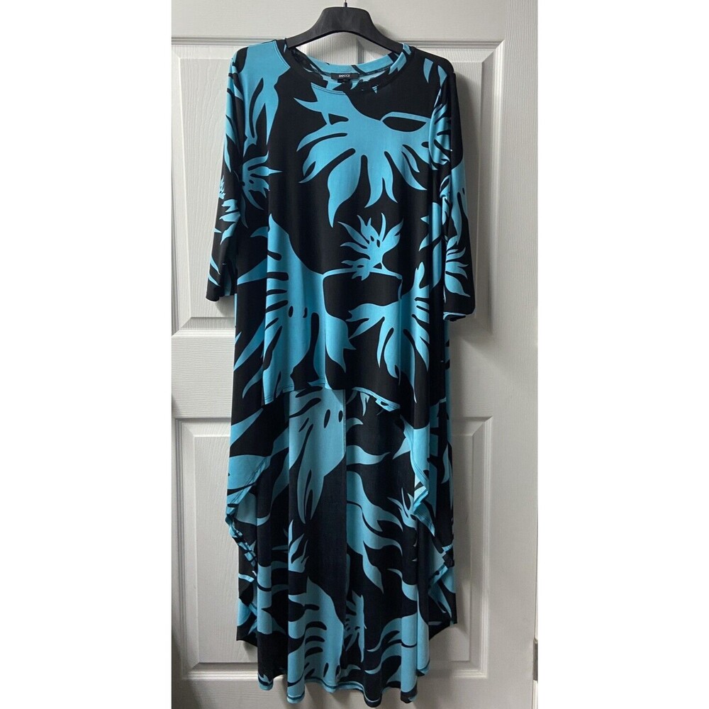 Ducci Top Womens XL Teal Blue Black Draping Long Back Round Neck Long in Back